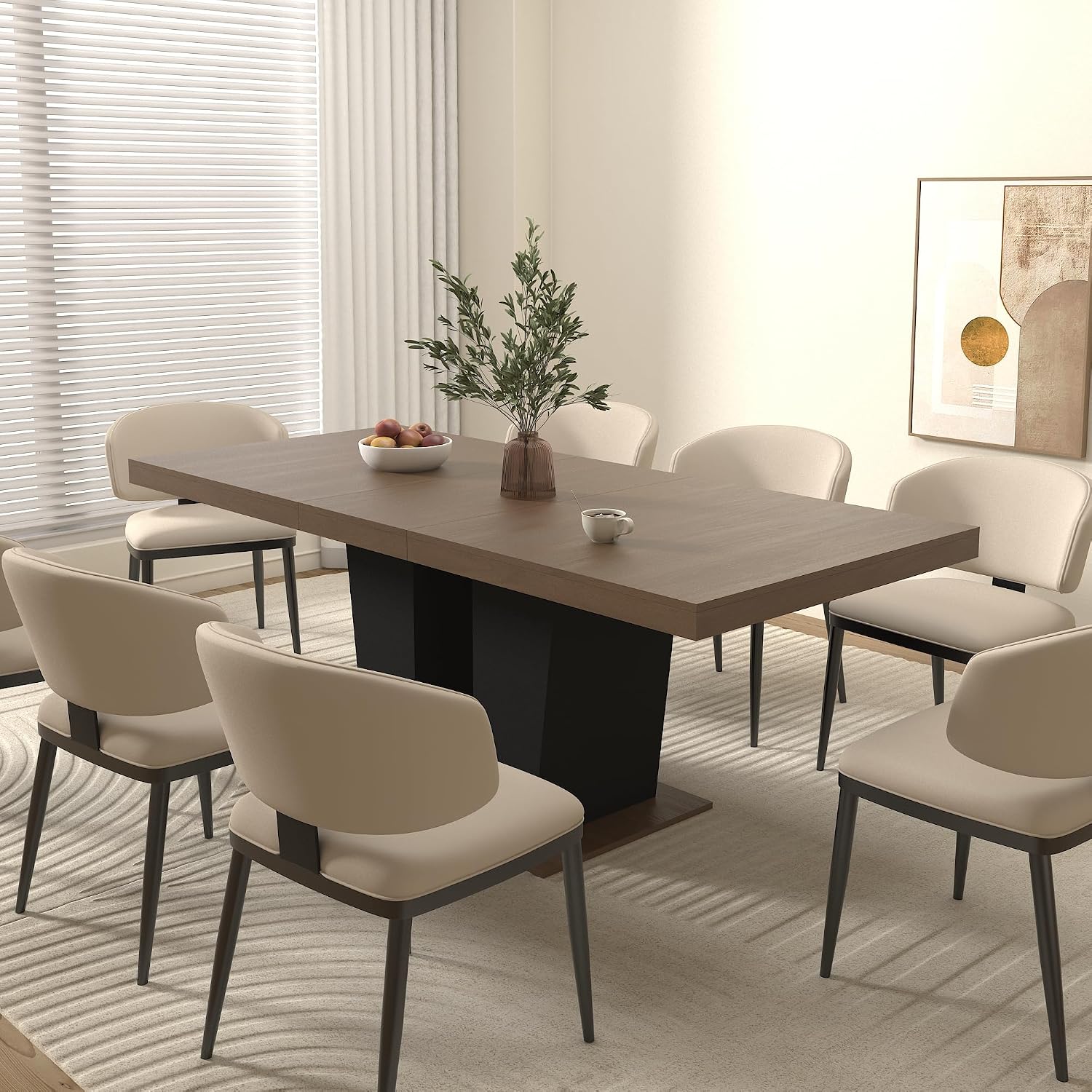 78.74" Extendable Dining Room Table for 4-10 People,Wooden Transformer Kitchen Dining Table with Black Double Sturdy Pedestal Base,Modern Expandable Large Table,Beige+Brown