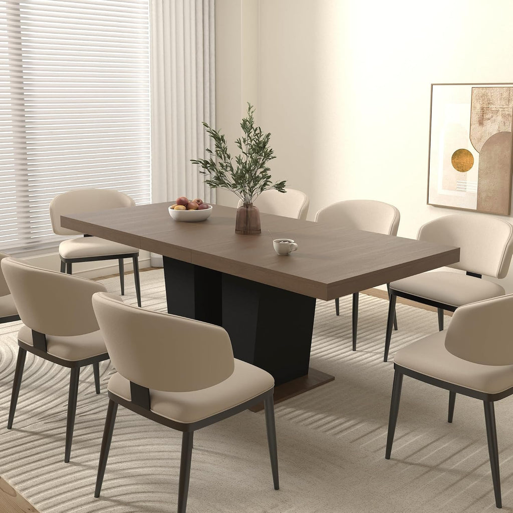 KEIKI 63"–79" Extendable Dining Table, Rectangular Wooden Kitchen Table with Dual Pedestal Base, Space-Saving Transformer Table for 4–10 People, Brown