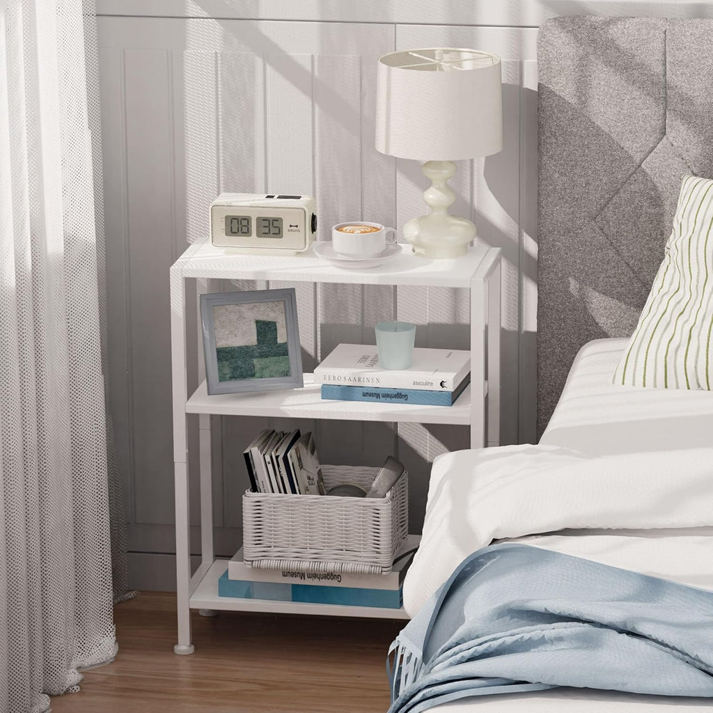 3-Tier Side Table Set of 2, Small End Table, Sofa Side Table for Narrow Spaces, Slim End Table, Nightstand Table, for Living Room Bedroom Office, White