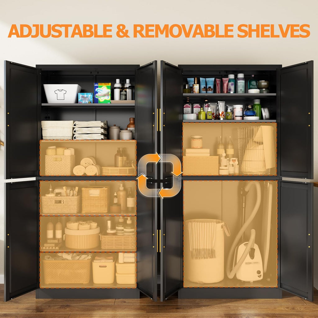 Wanfu 71" Tall Pantry Cabinet, Metal Kitchen Pantry Cabinet with 4 Doors and 4 Adjustable Shelves, Kitchen Pantry Storage Cabinets, Metal Storage Cabinet for Kitchen, Dining Room, Living Room-Black