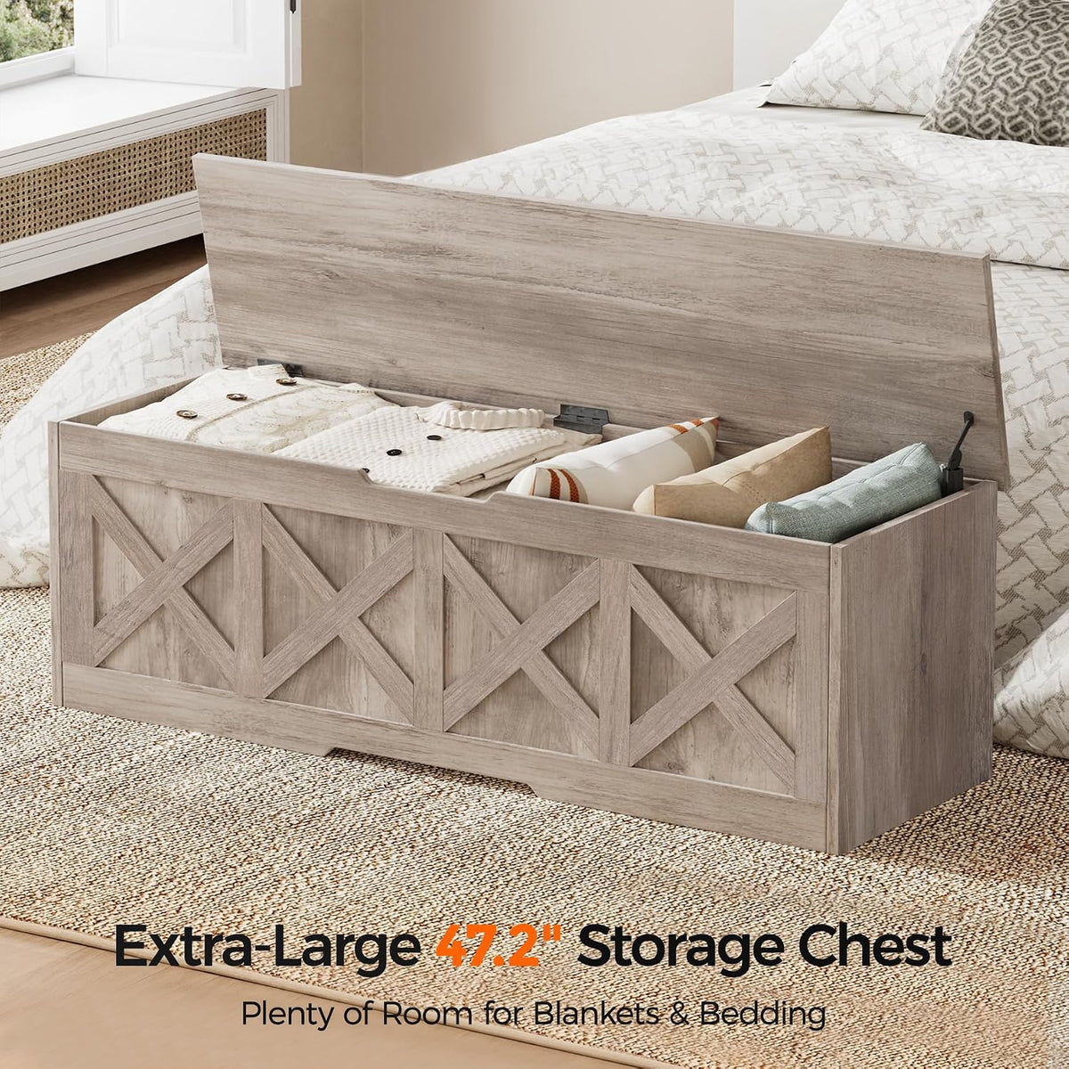 Homleke 47.2" Extra-Large Wooden Storage Chest, Farmhouse Storage Bench | with Safety Hinge, Easy Assembly, for Bedroom, Living Room & Entryway, Greige