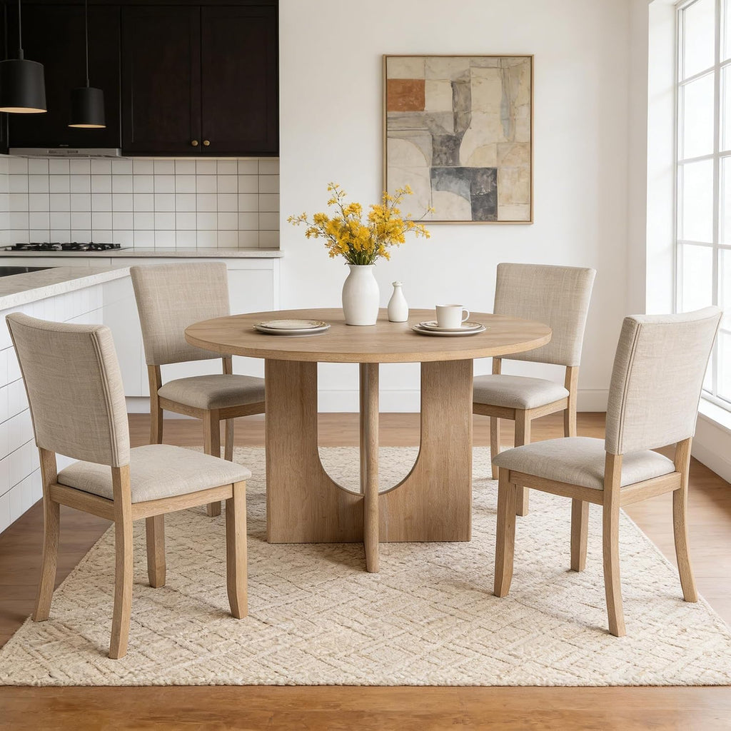 leovanni Round Dining Table Set for 4, Kitchen Table with 4 Upholstered Chairs, 5-Piece Wood Dining Table and Chairs Set for Kitchen, Patent Pending