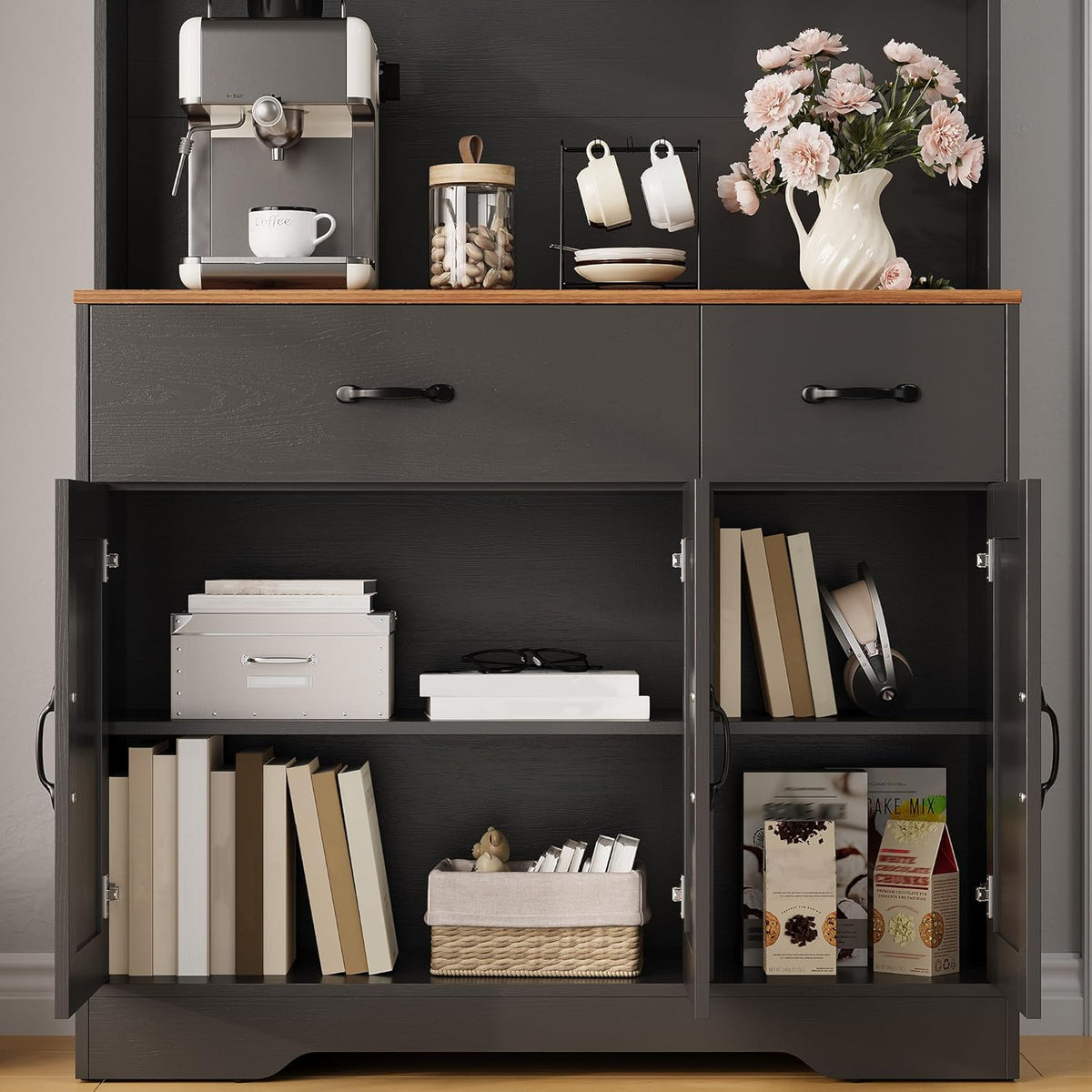 IDEALHOUSE 71" Kitchen Pantry Storage Cabinet with Charging Station, Farmhouse Kitchen Hutch Cabinet with 2 Storage Drawers, Large Food Pantry with Microwave Stand for Dining Room,Living Room,Black