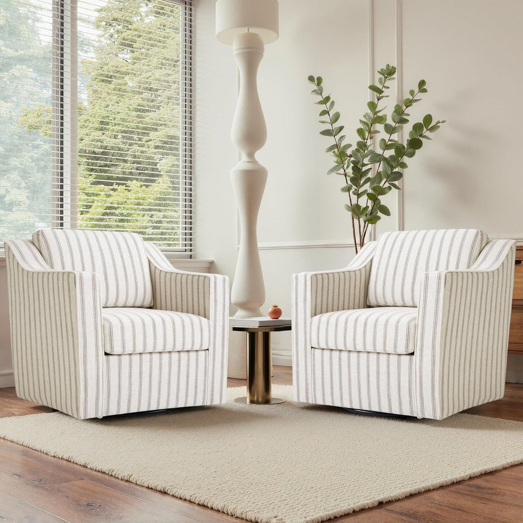 Swivel Accent Chair Set of 2, Fabric Upholstered Arm Chair for Living Room, Modern Club Armchair Comfy Single Sofa Bedroom Reading Seat with Lumbar Pillow - Pinstripe Light Brown