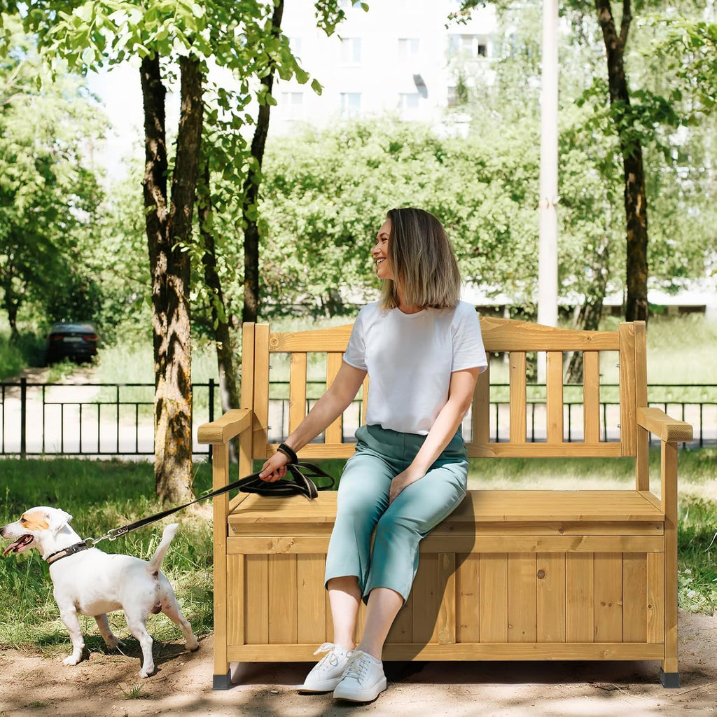 44 inch Outdoor Storage Bench, All-Weather Deck Box Bench with Backrest Armrest, Storage Seating Box for Outdoor, Pool Storage and Garden Tools - Brown