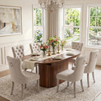 7-Piece Extendable Dining Room Set for 6, 55" - 71" Expandable Dining Table Set with 6 Tufted Upholstered Chairs, Mid-Century Modern Oval Dining Table Set for Home Holiday Gathering, Walnut