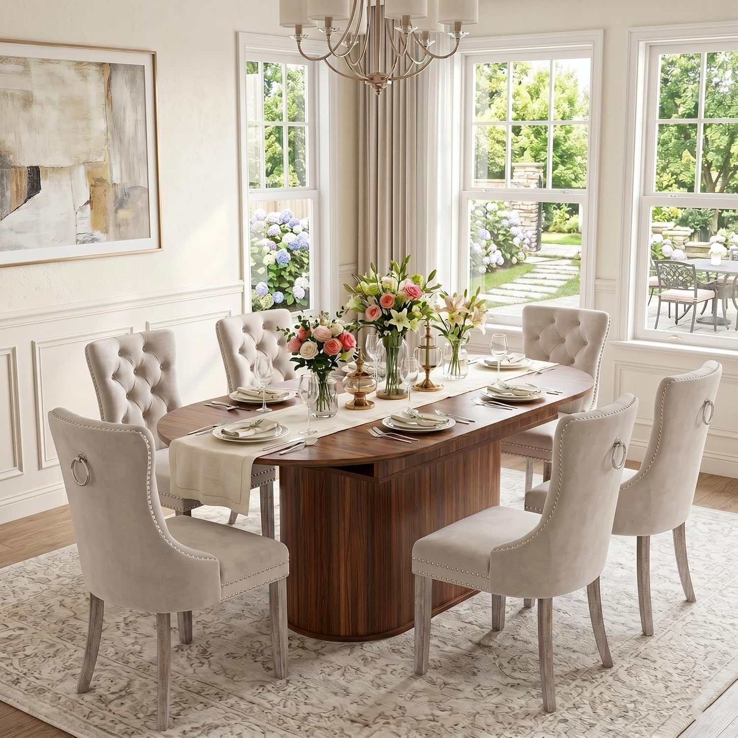 7-Piece Extendable Dining Room Set for 6, 55" - 71" Expandable Dining Table Set with 6 Tufted Upholstered Chairs, Mid-Century Modern Oval Dining Table Set for Home Holiday Gathering, Walnut