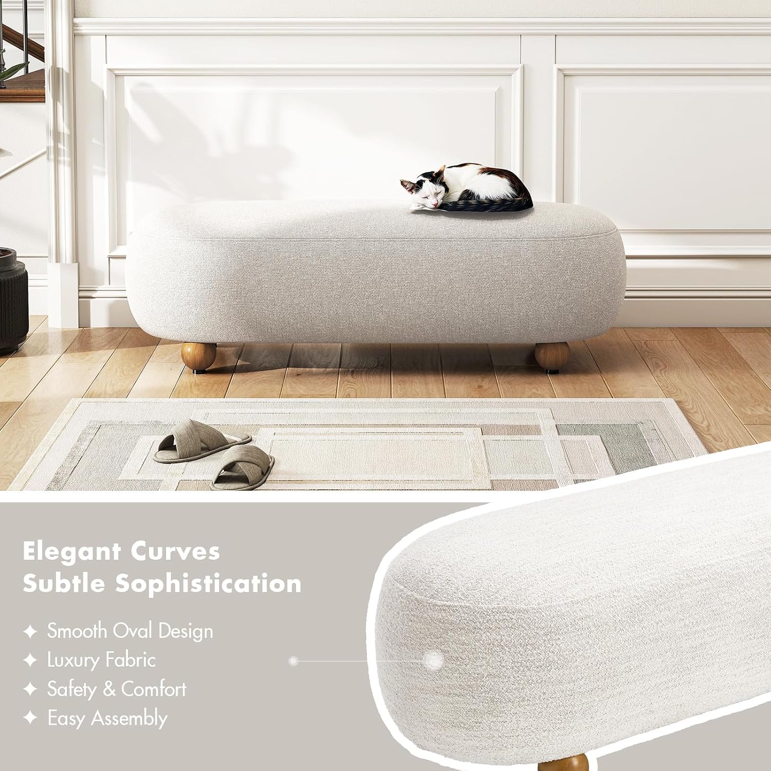 Hyfirm 54" End of Bed Bench, Upholstered Bedroom Ottoman Bench with Solid Wood Round Legs, Modern Oval Bench for Queen & King Beds, Entryway, Living Room, Hallway, Beige Linen Seat