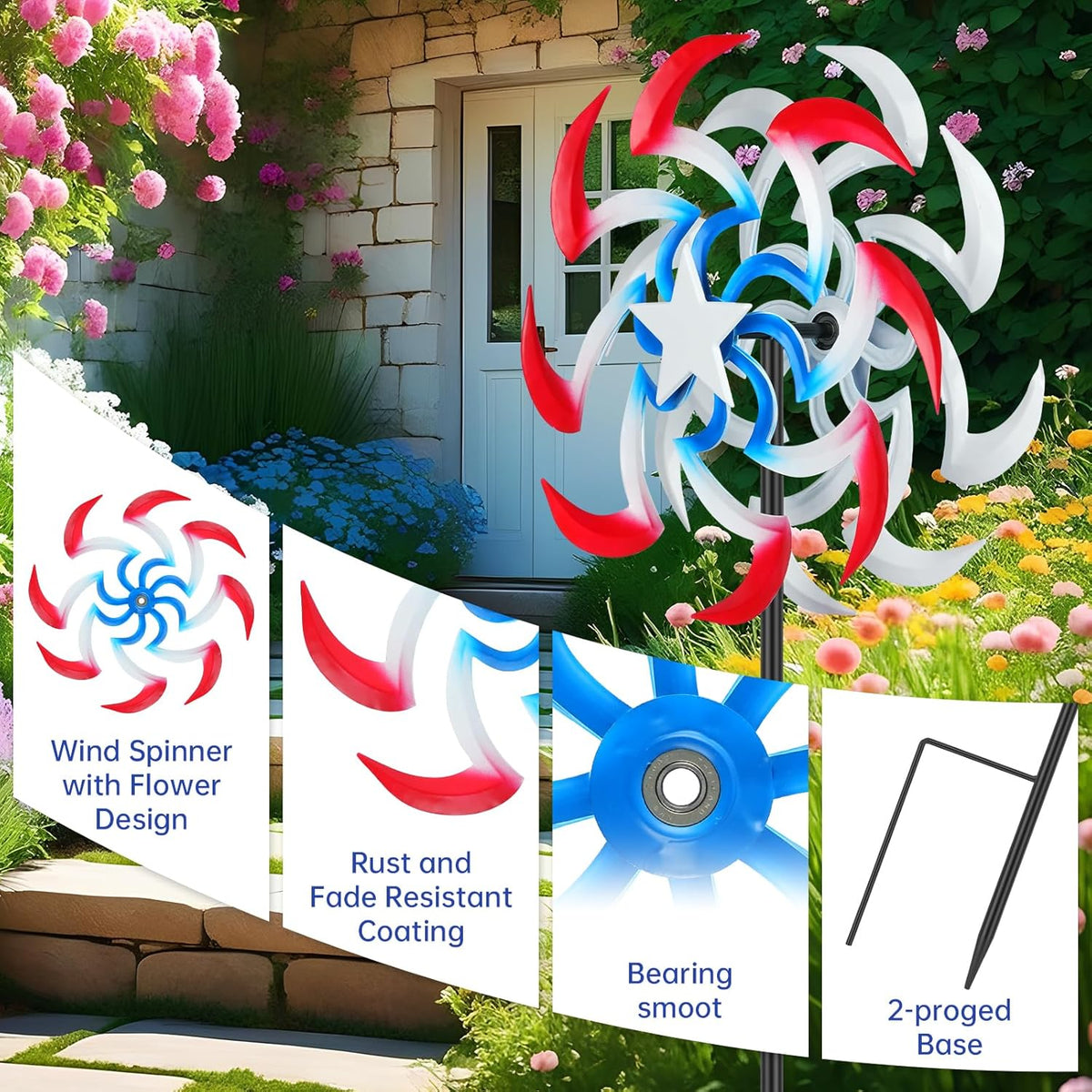 Wind Spinners Outdoor Metal with Patriotic, American Flag Pinwheel Decorations with Metal Stake, Yard Art Decor for Patio, Lawn & Garden, Creative Gifts 57.5 * 13 Inch