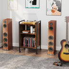 Giantex Record Player Stand with Charging Station, Mobile Turntable Stand with Record Storage & 4 Rolling Wheels, 3-Tier Vinyl Record Storage w/ Open Shelves & Dividers for Living Room, Rustic Brown