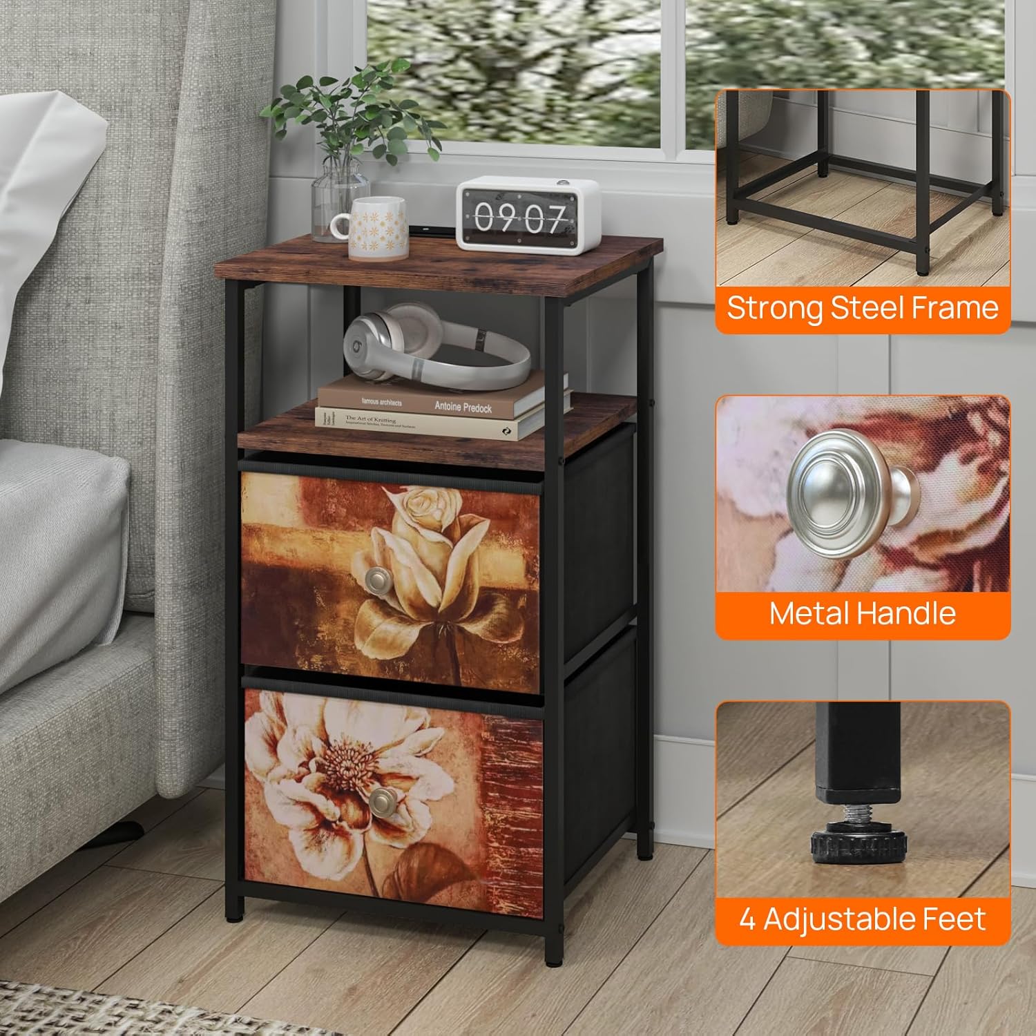 ALBAD Nightstand with Charging Station and LED Lights, Brown Flower Drawers | End Table with USB Ports and Outlets, 2 Fabric Drawers and Open Top Shelf, for Bedroom Bedside, Living Room, Dorm