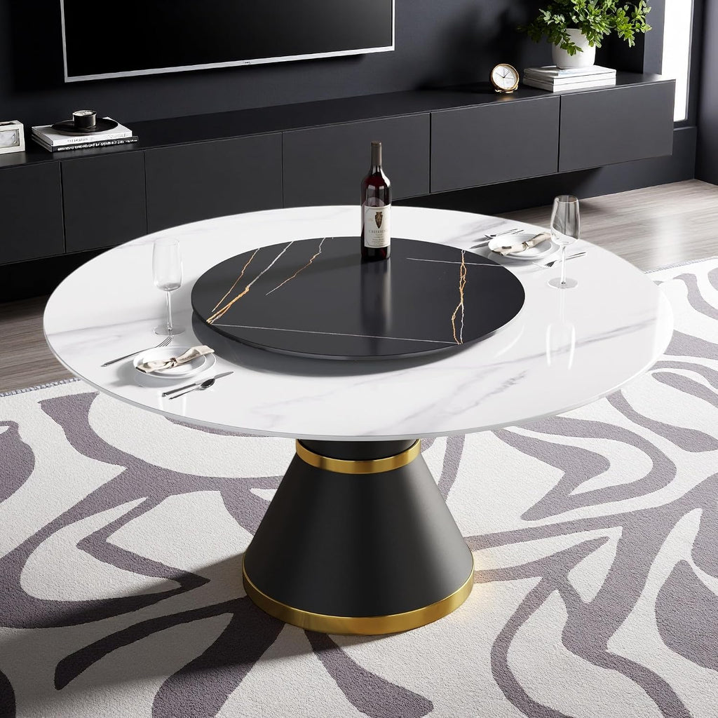 Montary 59” Modern Round Dining Table for 8, Artificial Marble Kitchen Table with Carrara White Sintered Stone Tabletop & Black Gold Lazy Susan, Black Slim Waist Carbon Steel Base