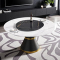 Montary 59” Modern Round Dining Table for 8, Artificial Marble Kitchen Table with Carrara White Sintered Stone Tabletop & Black Gold Lazy Susan, Black Slim Waist Carbon Steel Base