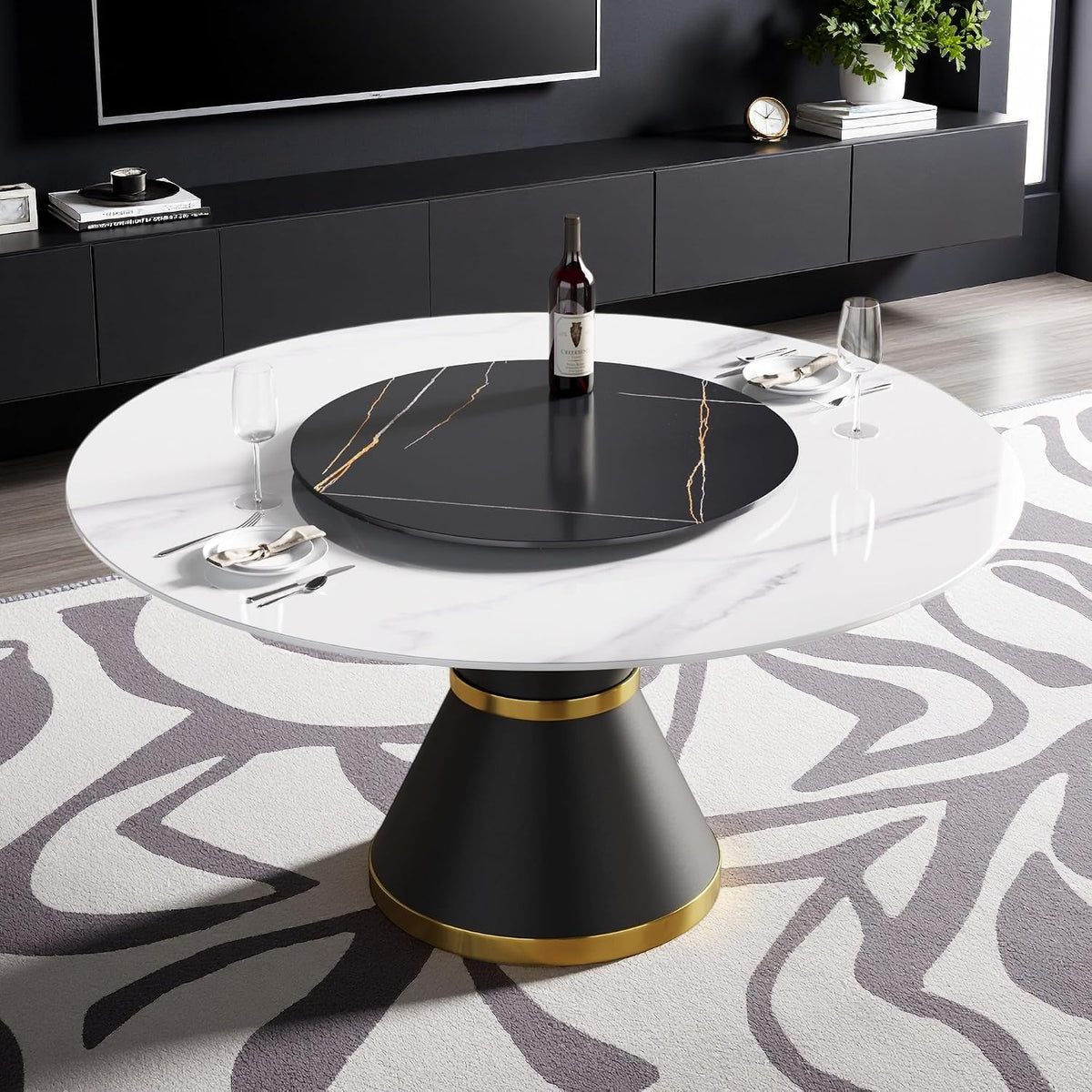 Montary 59” Modern Round Dining Table for 8, Artificial Marble Kitchen Table with Carrara White Sintered Stone Tabletop & Black Gold Lazy Susan, Black Slim Waist Carbon Steel Base