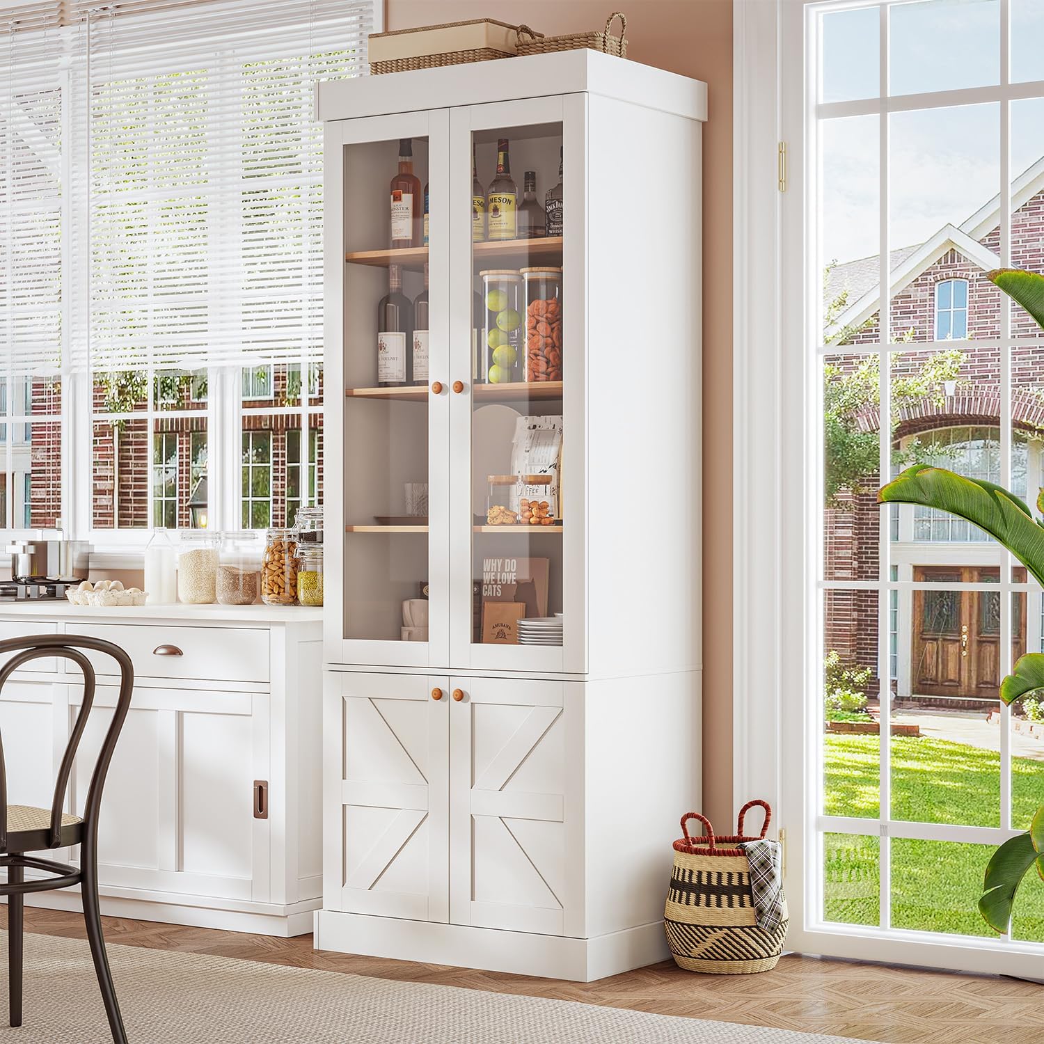 71" Tall Farmhouse Kitchen Pantry, Rustic Large Storage Cabinet with Glass Doors, Adjustable Shelves, Wood Versatile Hutch Cabinet for Dining Room, Living Room, White 3 Pcs