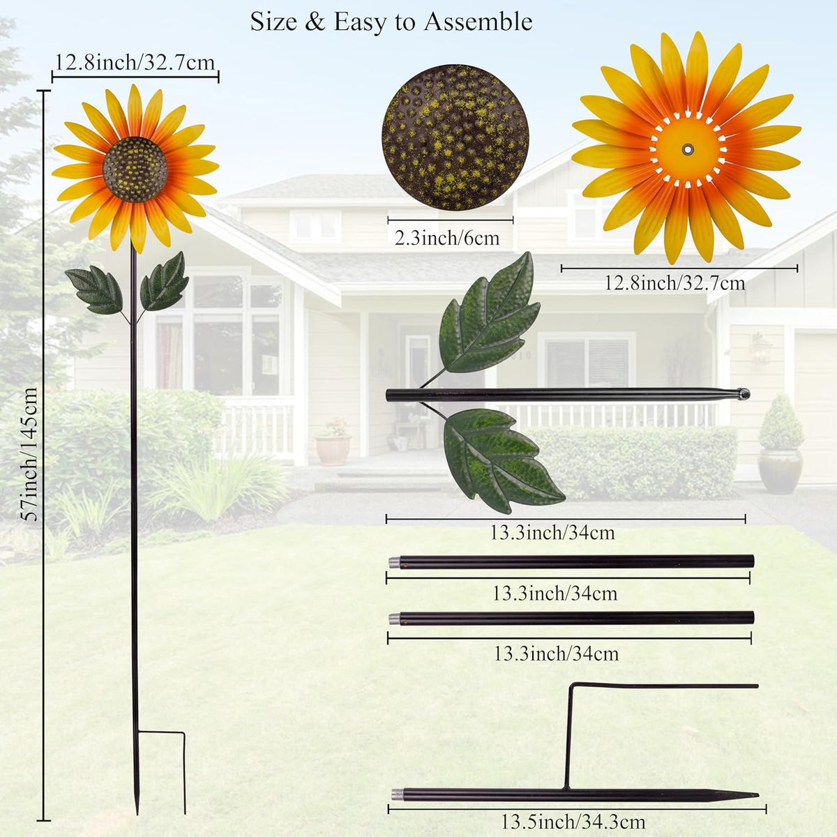 Yard Wind Spinner Outdoor,Garden Wind Spinners & Wind Sculptures,Sunflower Windmills Lawn Decor,Metal Flower Garden Pinwheels for Yard,12.8 * 57 Inches