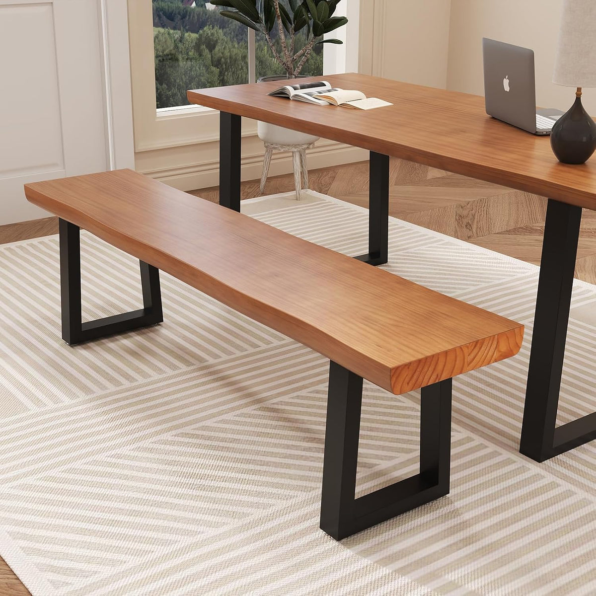 Solid Wood Top Bench with Metal Legs Durable Long Bench for Home Office Living Room Dining Room Versatile Multi Size Options Perfect Chair Stool Dining Chair (Light brown bench, 78.74in)