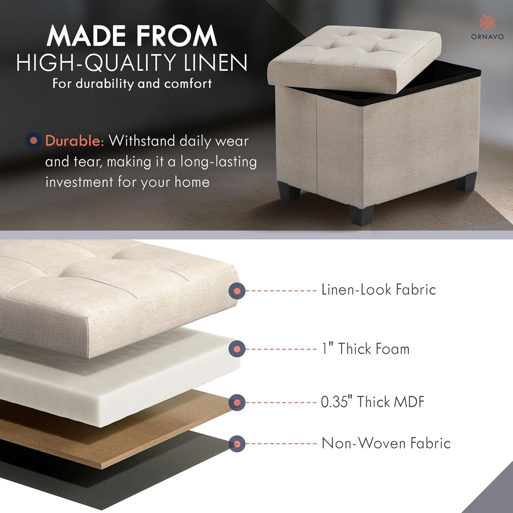 Ornavo Home Small Rectangle Storage Ottoman with Legs, 12x16x12, Beige | Foot Rest Stool Seat; Holds Up to 600 lbs; Ideal for Living Room, Bedroom, Home Office or Dorm