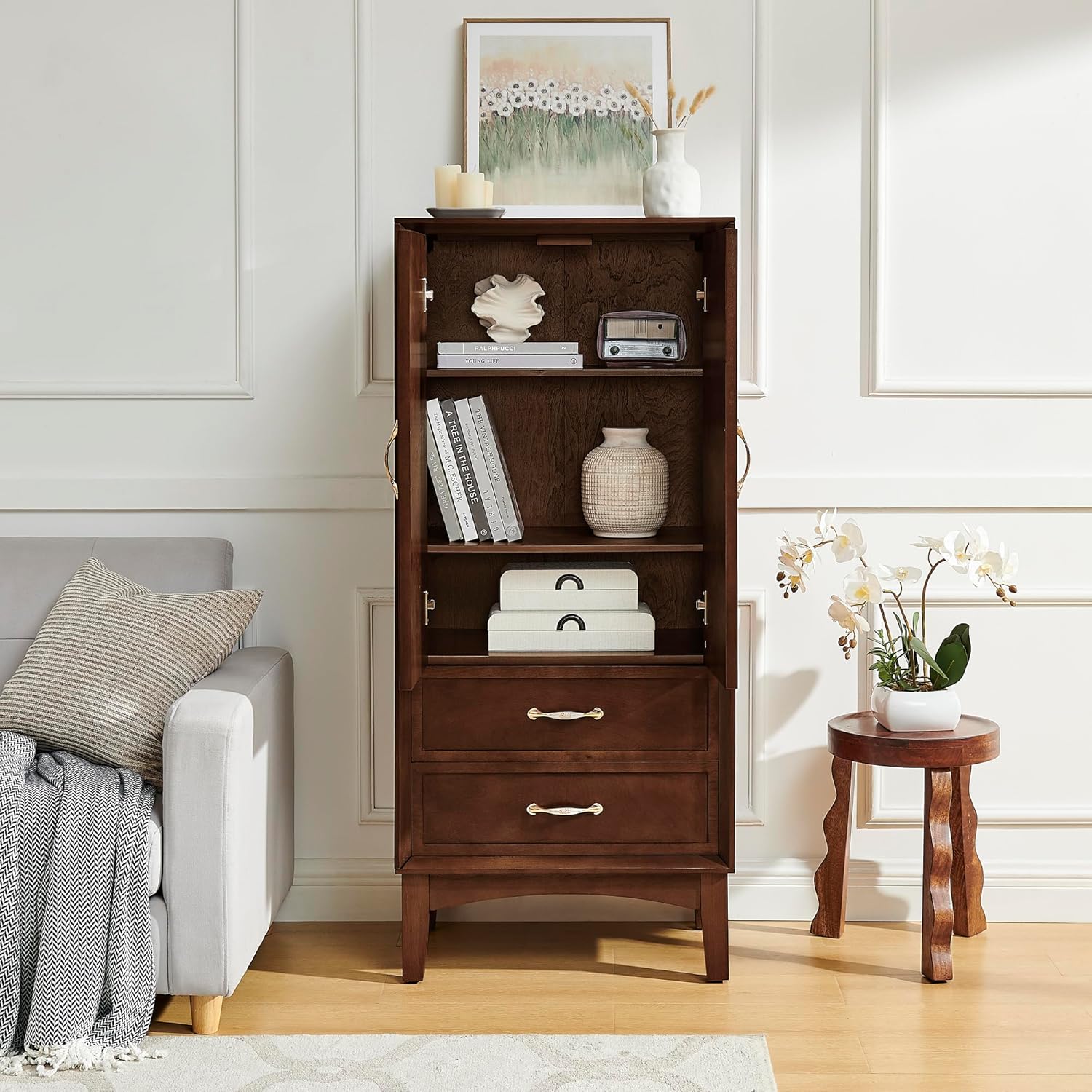 DSHADE 53.5" Tall Mid-Century Modern Kitchen Pantry Cabinet, Retro Sideboard Buffet with Doors/Drawers, Walnut Finish for Entryway, Living Room, Kitchen, Garage Storage