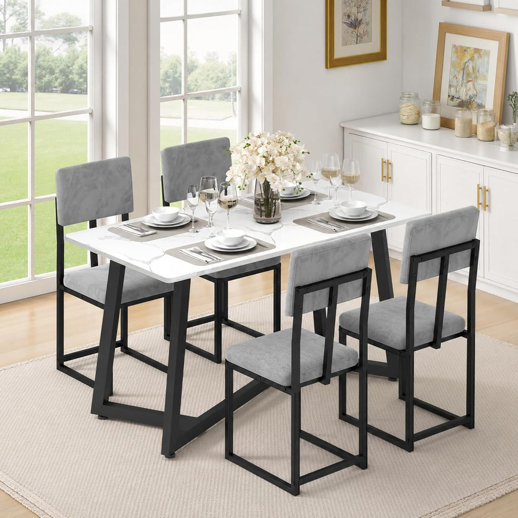 5-Piece Dining Table Set for 4, Modern Faux 47.24" Marble Kitchen Table with 4 Velvet Chairs, Stylish Small Dining Table Set for Apartments & Small Spaces