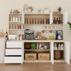 Bobve Large Kitchen Hutch Cabinet with Microwave Stand, Storage Cupboard Pantry with 3-Tier External Shelves and 3 Drawers, Ktichen Food Pantry with Open Countertop for Dining Room, White + Walnut