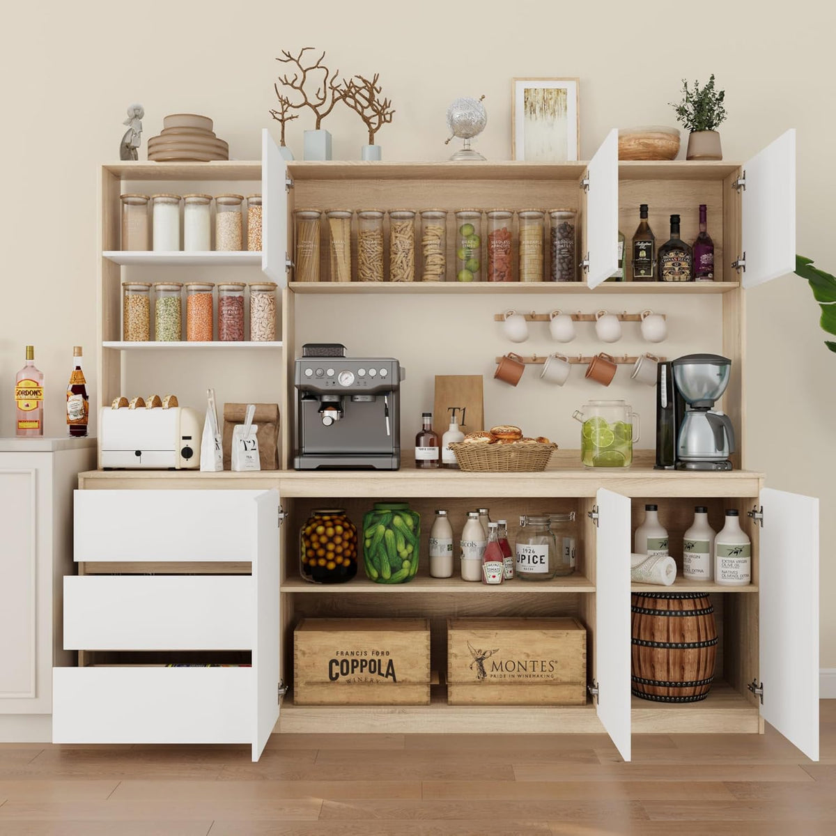 Bobve Large Kitchen Hutch Cabinet with Microwave Stand, Storage Cupboard Pantry with 3-Tier External Shelves and 3 Drawers, Ktichen Food Pantry with Open Countertop for Dining Room, White + Walnut