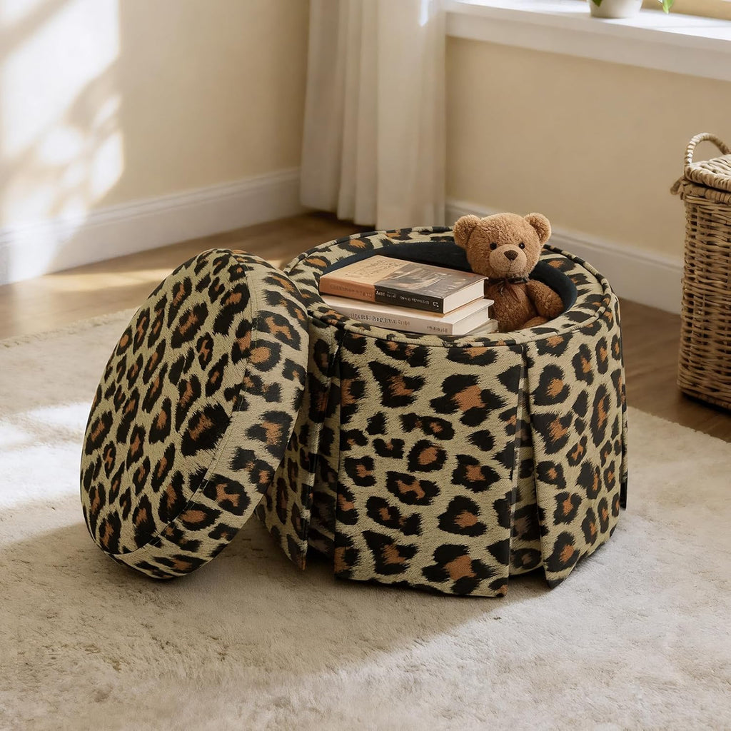 18" Round Storage Ottoman, Upholstered Leopard Print Stool-Foot Rest Skirt Hem, Footstool Pouf with Vietnam Acacia Wood Frame(500Lbs), Reversible Tray Lid for Bedroom,Fully Assembled