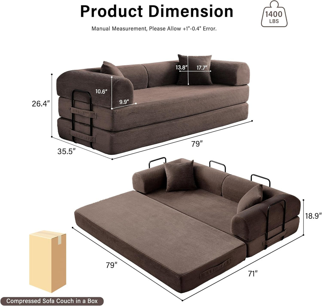 79" Convertible Sofa Bed, 5-in-1 Corduroy Couch Bed Sofa Pull Out, Memory Foam Couch, No Assembly Futon Couches for Living Room (Brown)