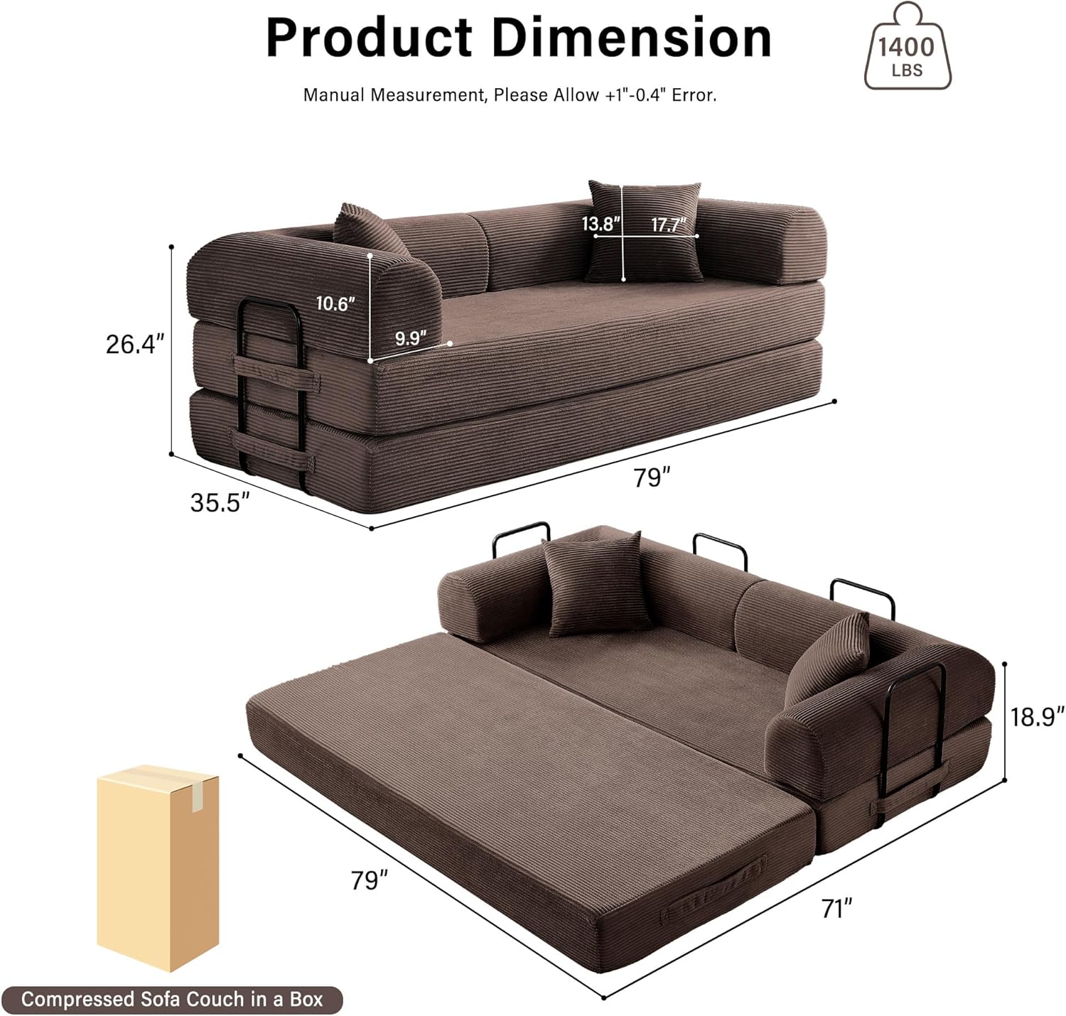 79" Convertible Sofa Bed, 5-in-1 Corduroy Couch Bed Sofa Pull Out, Memory Foam Couch, No Assembly Futon Couches for Living Room (Brown)