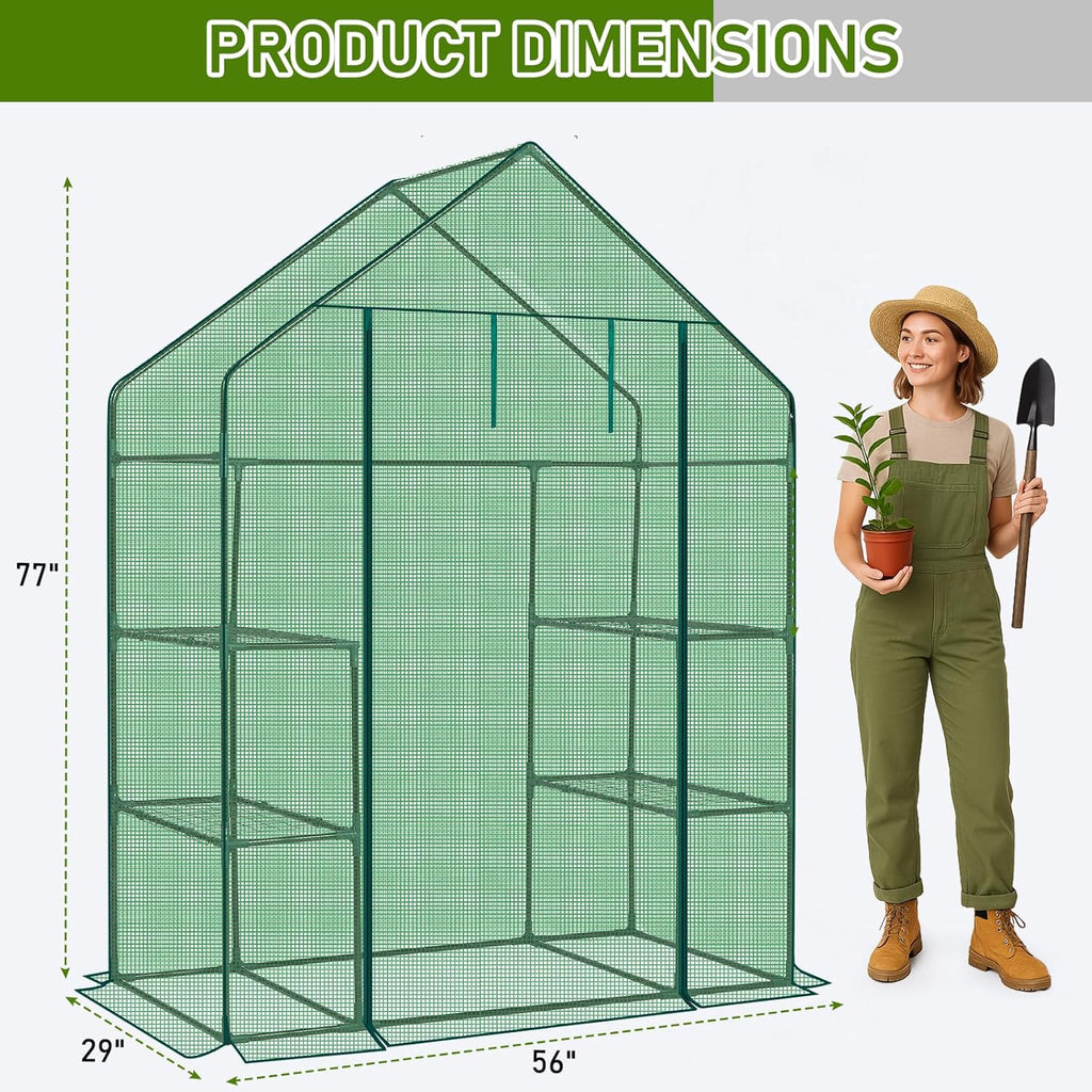 Outvita Walk-in Greenhouse, Outdoor Durable PE Plant Green House for Frost Protection with 3 Tiers 4 Shelves, Shelf Clips, Roll-up Zipper Door, 56"x29"x77" Green