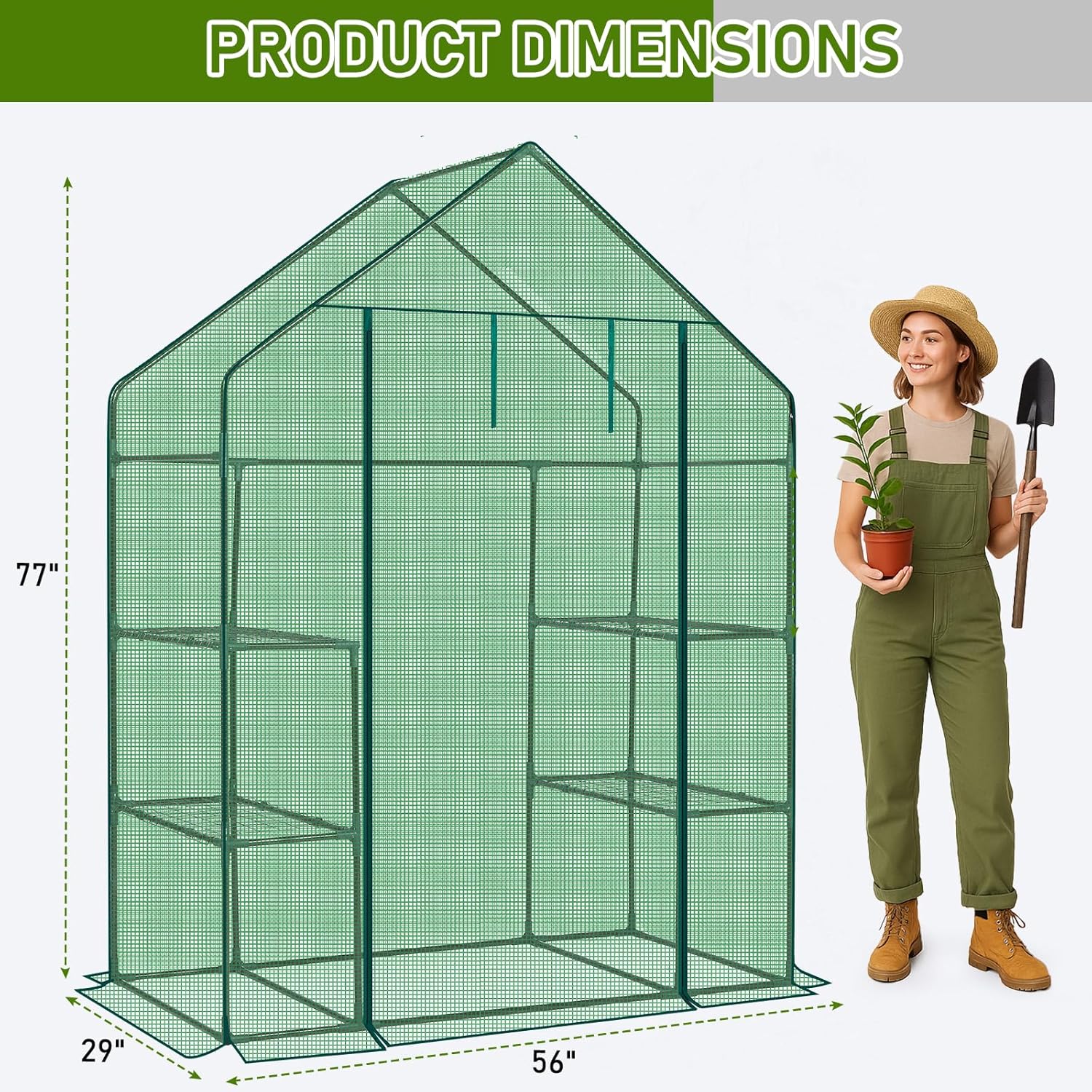 Outvita Walk-in Greenhouse, Outdoor Durable PE Plant Green House for Frost Protection with 3 Tiers 4 Shelves, Shelf Clips, Roll-up Zipper Door, 56"x29"x77" Green