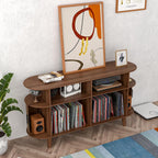 Large Walnut Record Player Stand with Charging Station, Mid-Century Turntable Stand Table, Vinyl Record Player Storage Cabinet for Bedroom, Living Room, Office