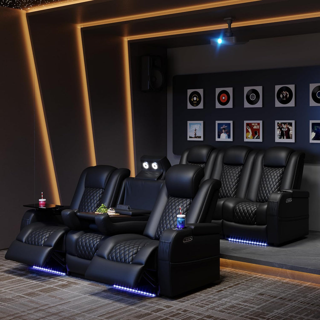 Airadlis Dual Power Home Theater Seating with 7-Color LED, Black, Row of 3 | Zero gravity recliner sofa, USB and Type-C charging, swivel tray and cup holder, lumbar pillow, 4” wall clearance