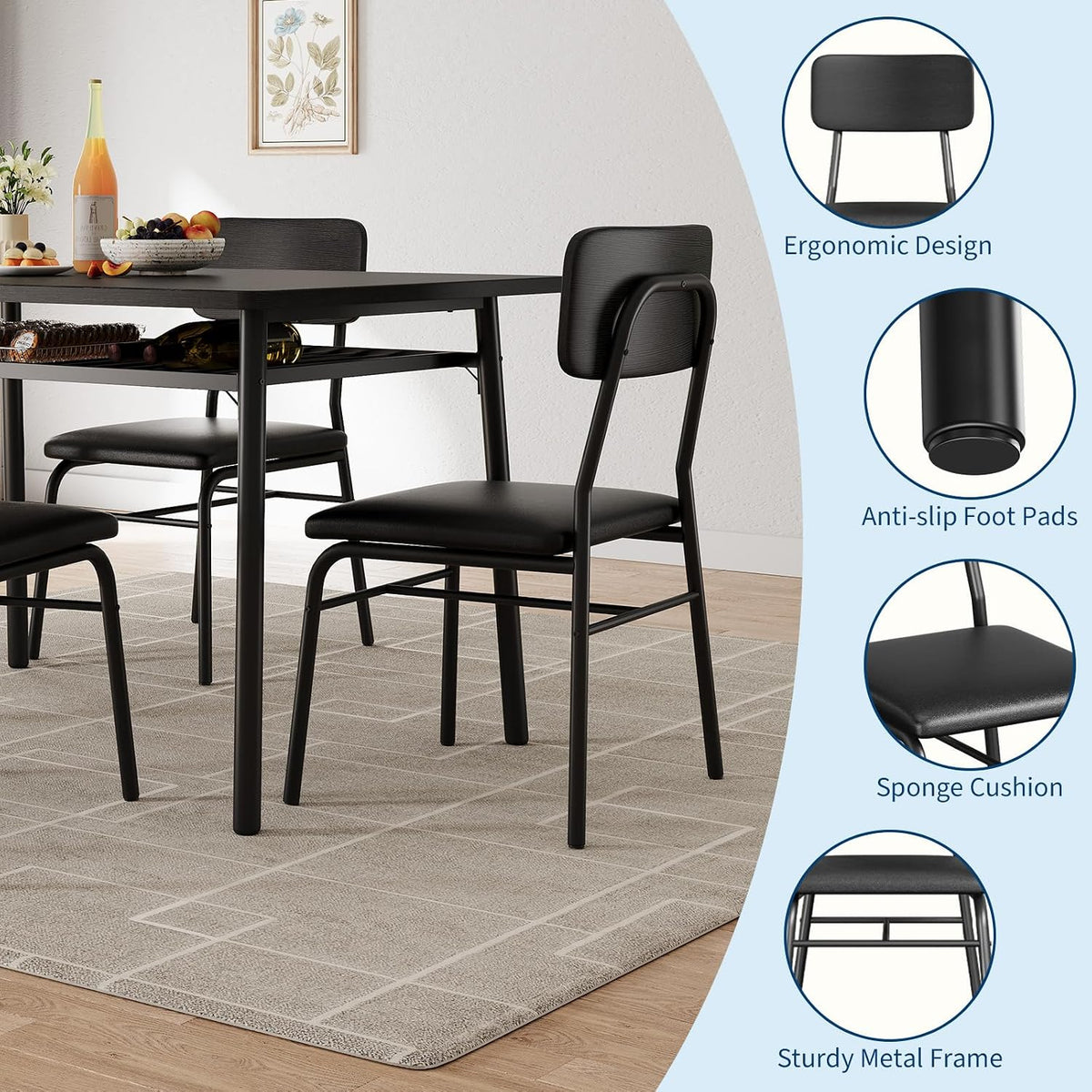 GarveeHome Dining Table Set for 4 with Storage Rack, Black | 5-Piece Kitchen Table and Upholstered Chairs, Wood Tabletop, Heavy-Duty Metel Frame, for Small Space, Apartment, Kitchen Room