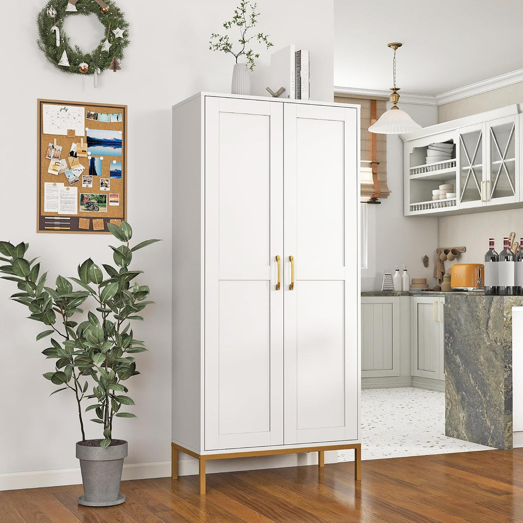 Kitchen Pantry Cabinet,Kitchen Pantry with 2 Adjustable Shelves,4 Shelf Cabinet,Freestanding Floor Cabinet,Unit for Garage Storage,Pantry,Laundry Room,Organization and Storage,White