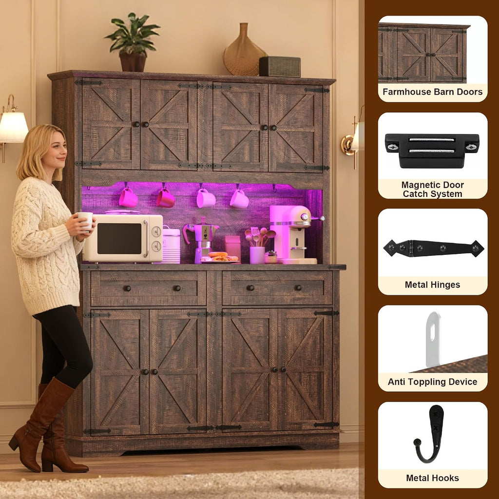 71" Tall Large Pantry Storage Cabinet w/Power Outlet,55" Wide Farmhouse Kitchen Hutch Storage Cabinet w/Barn Doors,2 Drawer,Large Countertop,LED Light,Rustic Coffee Bar,6 Hooks,8 Doors Shelves,Brown