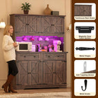 71" Tall Large Pantry Storage Cabinet w/Power Outlet,55" Wide Farmhouse Kitchen Hutch Storage Cabinet w/Barn Doors,2 Drawer,Large Countertop,LED Light,Rustic Coffee Bar,6 Hooks,8 Doors Shelves,Brown