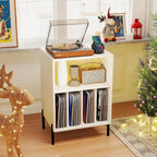 Giantex Record Player Stand with LED Lights & Charging Station, Turntable Stand with Record Holder, Record Player Table with Metal Legs, Vinyl Record Storage for Living Room, Music Room, White