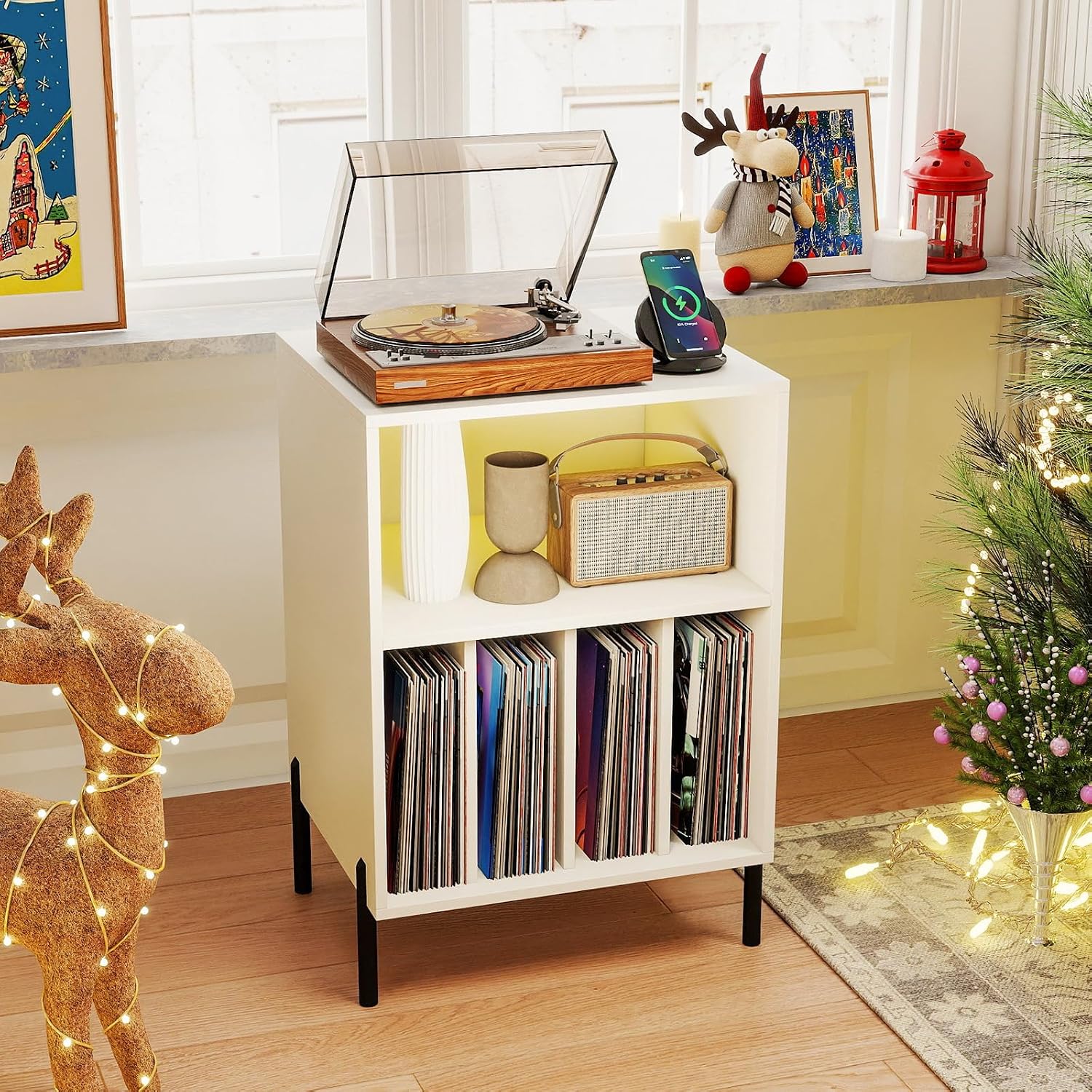 Giantex Record Player Stand with LED Lights & Charging Station, Turntable Stand with Record Holder, Record Player Table with Metal Legs, Vinyl Record Storage for Living Room, Music Room, White
