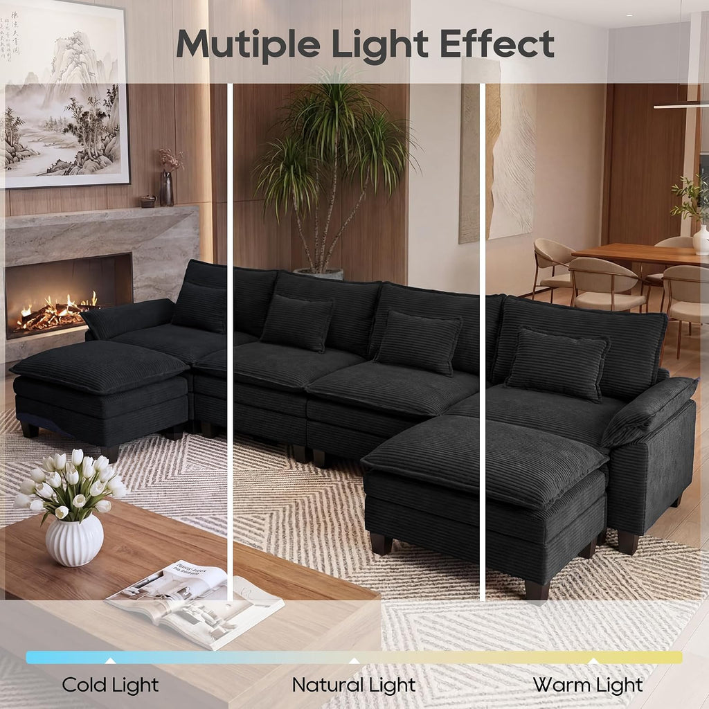 URRED Oversized Modular Sectional Sofa，Solid Black：157" U Shaped | Modern Comfy Cloud Couch with Movable Ottoman and Pillow, Deep Seat Couches for Living Room, Bedroom or Apartment