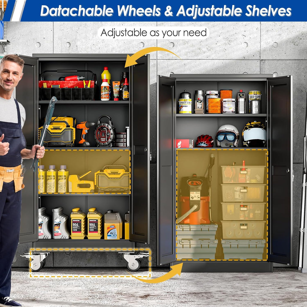 GAIOUS Metal Garage Storage Cabinet with Lock, 61” Tall Lockable File Cabinet with Wheels, Steel Tool Cabinet with 2 Door and 3 Adjustable Shelves, Rolling Cabinet for Home Office Garage Gym - Black
