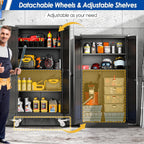 GAIOUS Metal Garage Storage Cabinet with Lock, 61” Tall Lockable File Cabinet with Wheels, Steel Tool Cabinet with 2 Door and 3 Adjustable Shelves, Rolling Cabinet for Home Office Garage Gym - Black