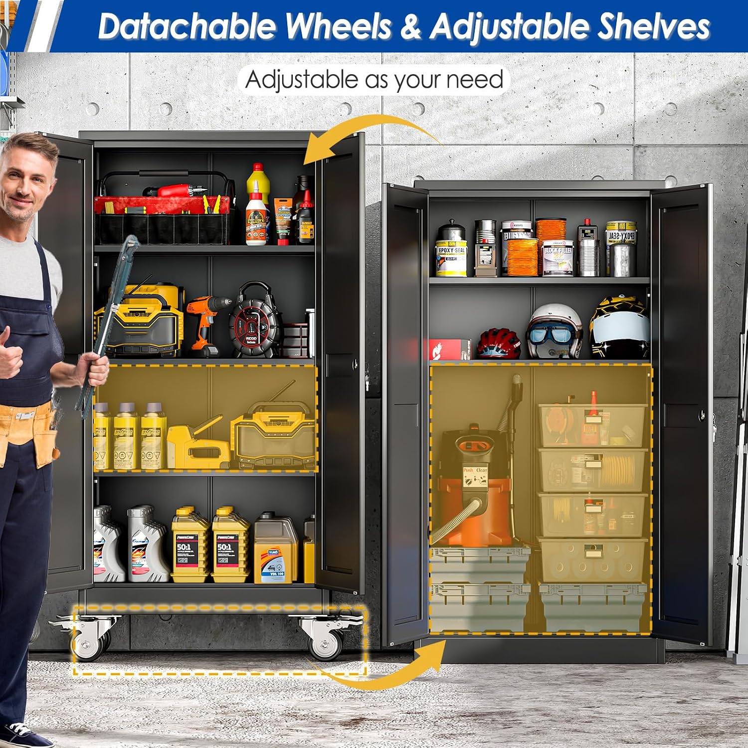 GAIOUS Metal Garage Storage Cabinet with Lock, 61” Tall Lockable File Cabinet with Wheels, Steel Tool Cabinet with 2 Door and 3 Adjustable Shelves, Rolling Cabinet for Home Office Garage Gym - Black