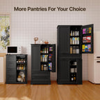 Gizoon Small Pantry Cabinet with Door and Shelves, 33'' Kitchen Pantry Cabinet Freestanding Wooden Bathroom Storage Cabinet with 4 Drawers for Kitchen and Dining Room, Black, Painted