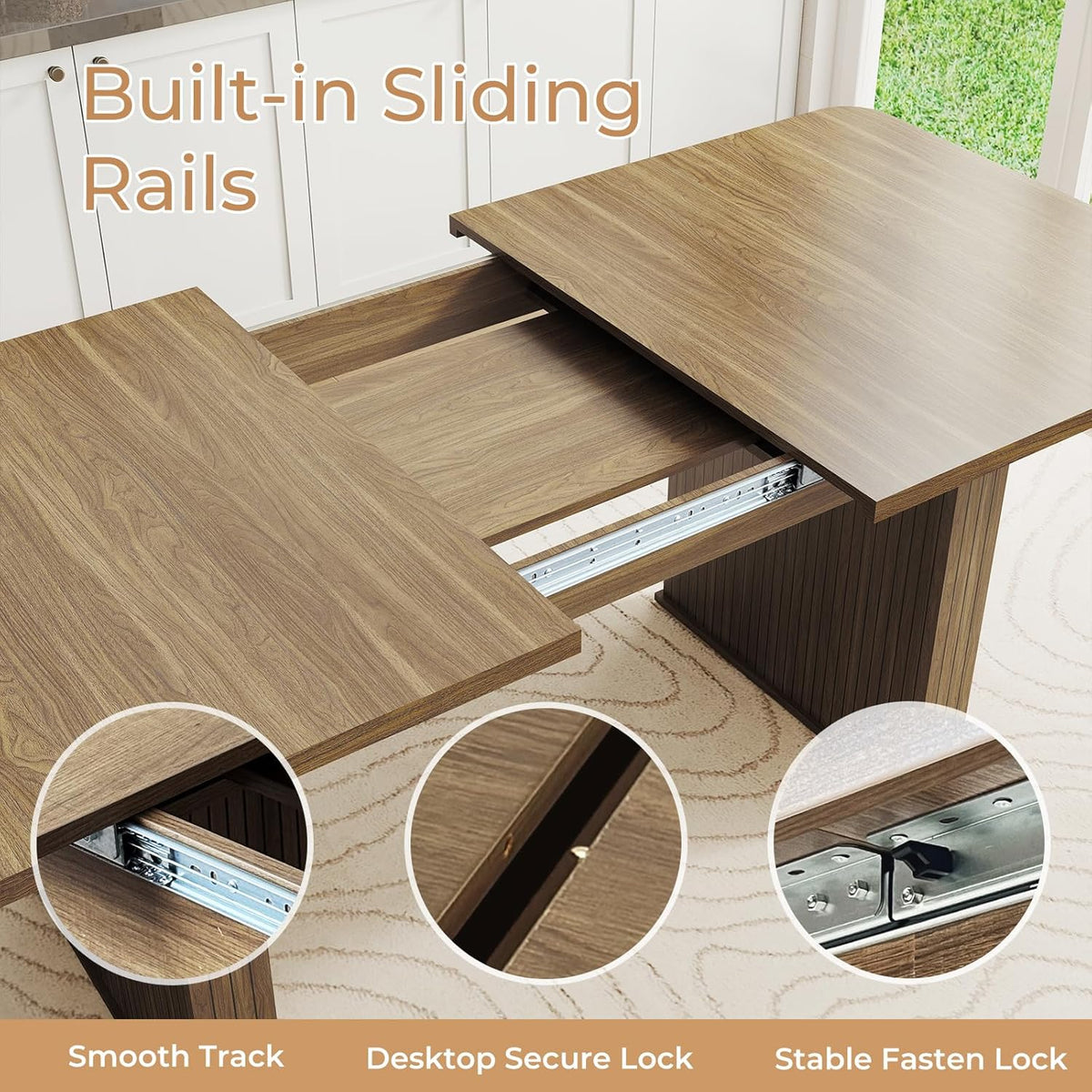 Zevemomo 63"-78.7" Expandable Dining Table, 6-10 Farmhouse Kitchen Table, Rectangular Extendable Dining Table, with Metal Slide Track, Widened Wood Striped Legs for Dining Room-Beige Brown