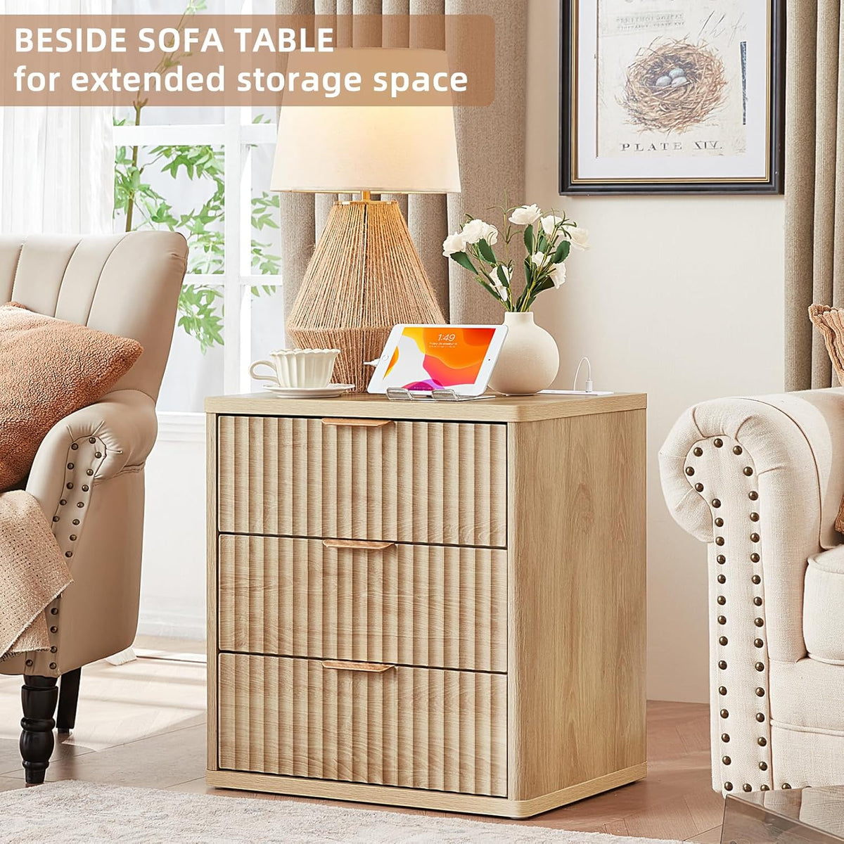 LEYAOYAO 23" Wide Fluted Farmhouse Night Stand Set of 2 with Charging Station, 3 Drawers Large End Table w/Metal Handle, Natural Nightstand Bedside Table,Wood Dresser for Bedroom, Closet