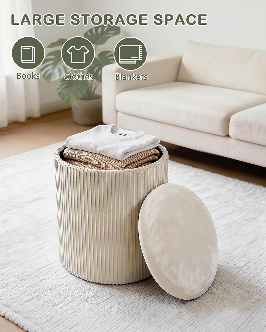 LITZFUR Round Ottoman with Storage, Velvet Foot Rest Stool, Beige | Versatile Upholstered Vanity Stool, Padded Folding Storage Ottoman for Living Room, Bedroom and Dorm