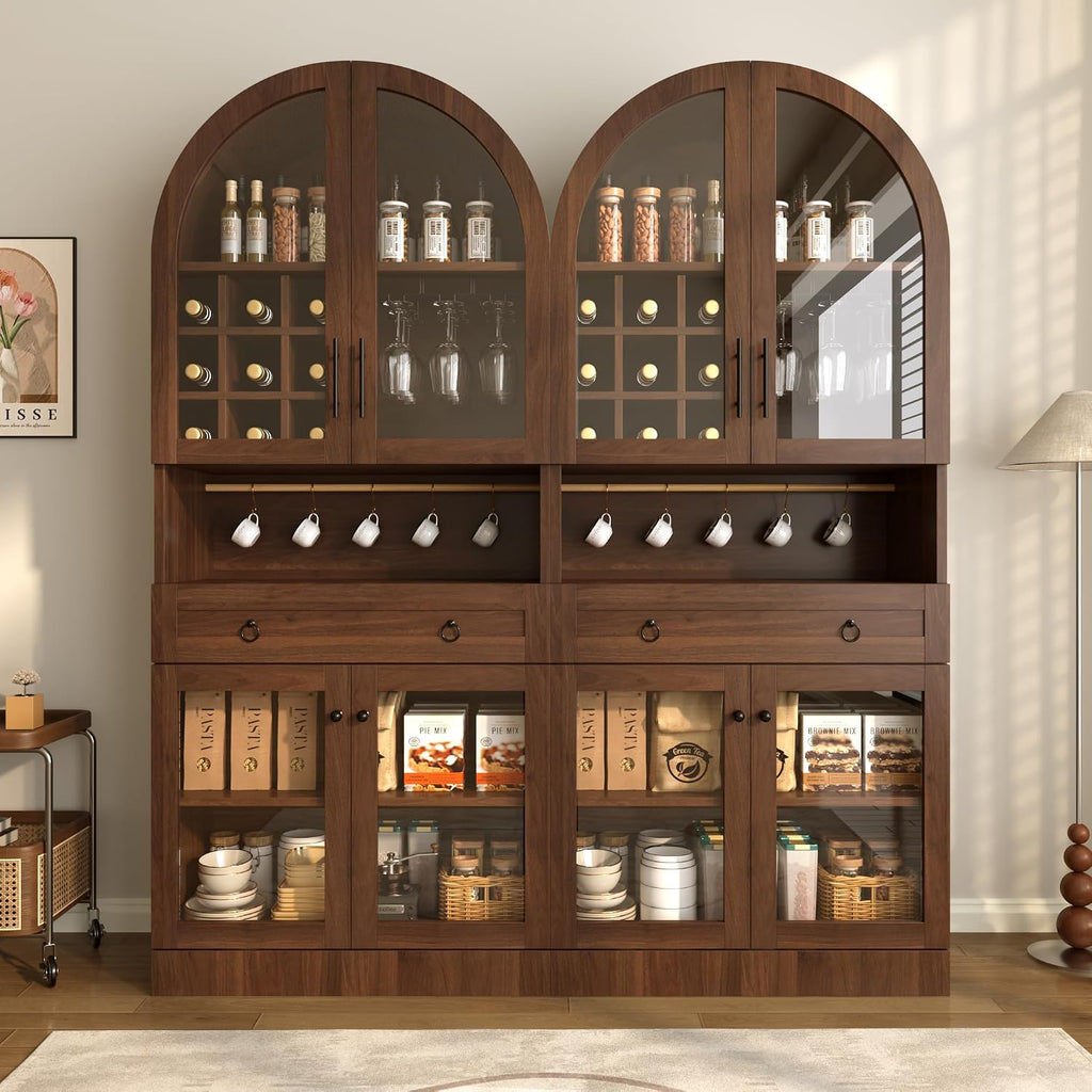 Merax 70" Tall Arched Farmhouse Pantry Cabinet with Glass Doors, Walnut | Mid-Century Kitchen Storage Cupboard with 9 Wine Racks, Adjustable Shelf, and Large Drawer for Coffee Bar, Liquor Storage