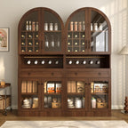 Merax 70" Tall Arched Farmhouse Pantry Cabinet with Glass Doors, Walnut | Mid-Century Kitchen Storage Cupboard with 9 Wine Racks, Adjustable Shelf, and Large Drawer for Coffee Bar, Liquor Storage