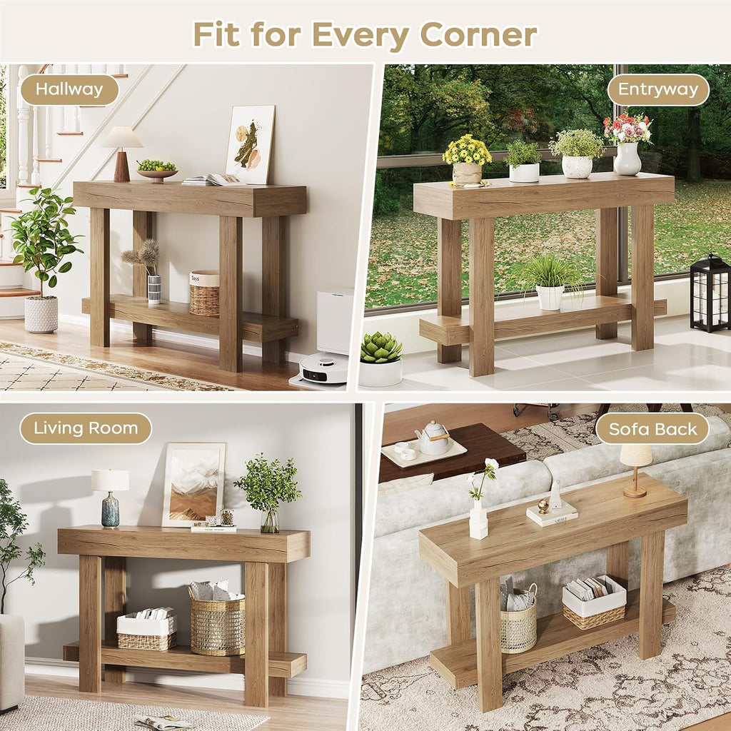 Console Table for Entryway, 47.2" Narrow Farmhouse Sofa Table with Thick Tabletop & Storage Shelf, 2-Tier Modern Wooden Entryway Industrial Table for Hallway, Living Room, Foyer, Behind Couch, Natural